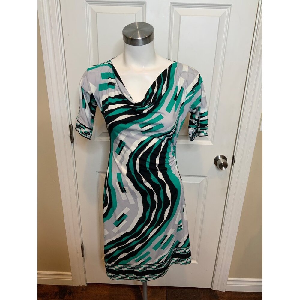 BCBG Max Azria Gray Teal Geometric Short Sleeve Pencil Dress, Size XS